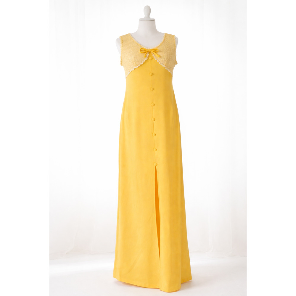 Vintage Yellow Daisy Trim Flower Child Maxi Dress | Women's 10-12 | 1960s / 70s